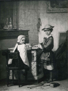 Twee kinderen verwarmen zich bij een kachel by Isidore Patrois