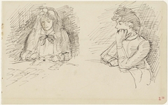 Twee studies van een vrouw zittend aan een tafel by Jozef Israëls