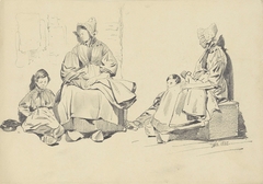 Twee studies van een zittende vrouw en jongetje by Pieter van Loon