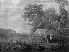 Two Cows Fighting, with a third cow lying down by Paulus Potter