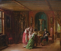 Une jeune artiste, assise devant son chevalet, dans un intérieur troubadour, exécute le portrait d'une jeune femme assise vue de dos by Claire Laloua