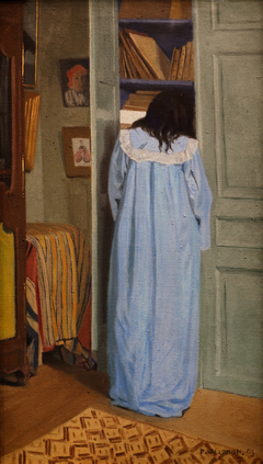 Interior, woman in blue searching in a cupboard by Félix Vallotton