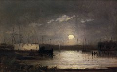 Untitled (moon over a harbor, wharf scene with full moon and masts of boats) by Edward Mitchell Bannister
