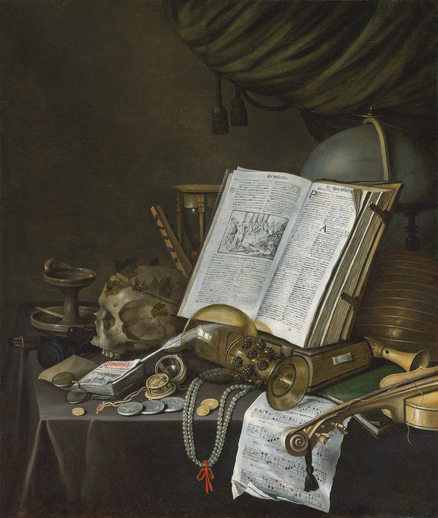 Vanitas still life with coins and other objects on a table