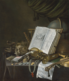 Vanitas still life with coins and other objects on a table by Evert Collier