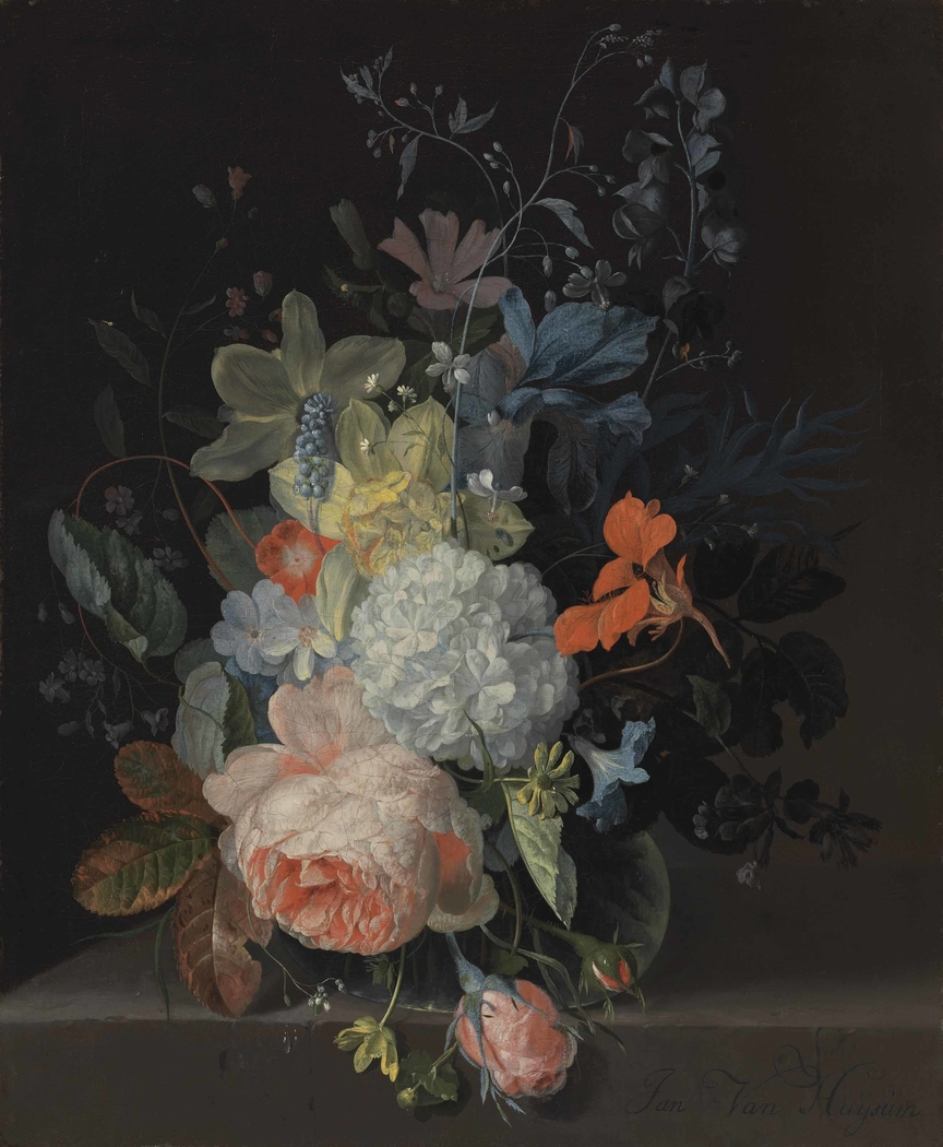 Vase of flowers on a ledge, with  a rose, a snowball, daffodils, and irises