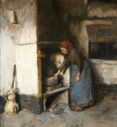 Vrouw bij schouw in 't Gooi by Emanuël Samson van Beever