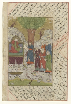 Vrouw op een troon, die een man toespreekt, achter hem vijf dienaressen by Unknown Artist