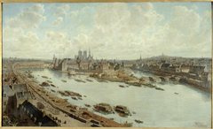 Vue panoramique de Paris en 1588, depuis les toits du Louvre, avec le Pont-Neuf en construction by Theodor Josef Hubert Hoffbauer