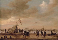 Winter landscape with villagers on a frozen waterway