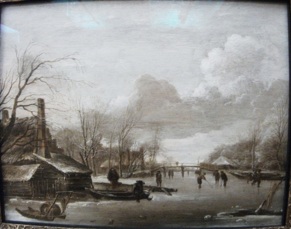 Winter Scene with Thatched Cottages and a Frozen River Spanned by a Wooden Bridge