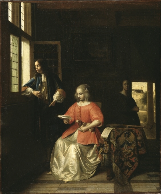Woman reading a letter and a man at a window