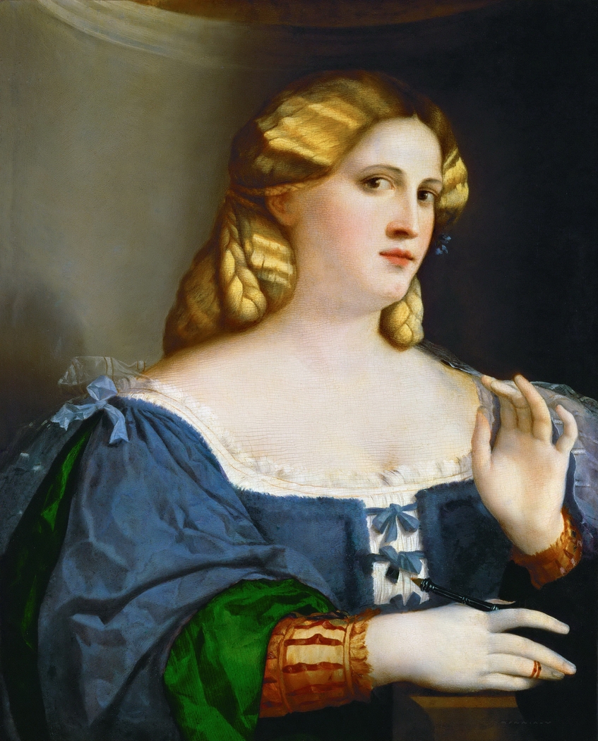 Young Woman in blue Gown with Feather