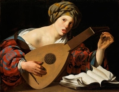 Young woman tuning a lute