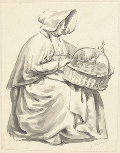 Zittende vrouw met wijde kap en een mand op schoot, naar rechts by Jan Hendrik Verheijen