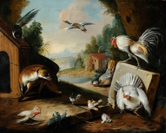 A Fox tethered to a Kennel, terrorising a Cock, Hen and Chicks by Marmaduke Cradock