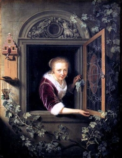 A Girl in a Window with a Bunch of Grapes