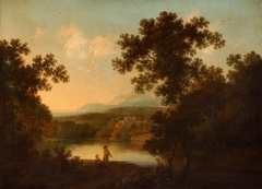 A Landscape with Views of a Ruined Castle and a distant Town seen over Water