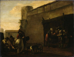 Am Weinfass unter der Stadtmauer by Pieter van Laer