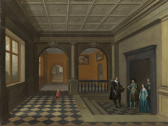 An interior with Charles I, Henrietta Maria, The Earls of Pembroke and Jeffery Hudson by British School
