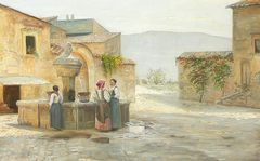 An Italian village with women at the fountain by Carl Holsøe