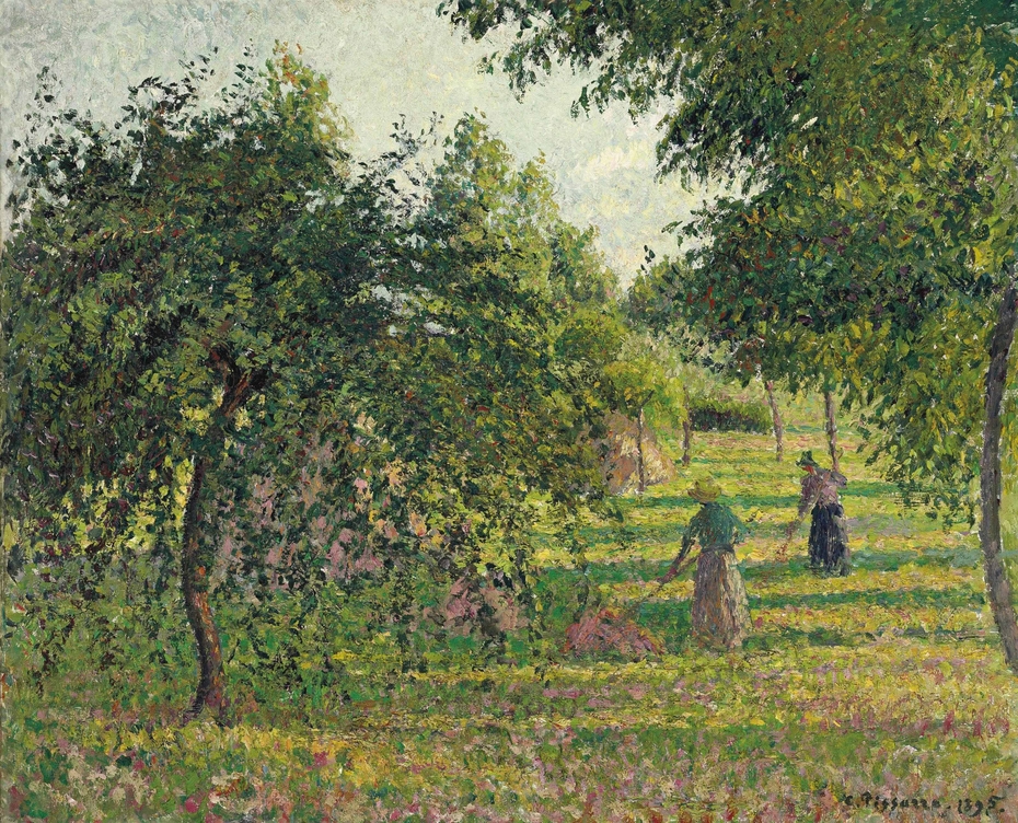 Apple trees and peasant woman raking hay, Éragny