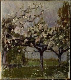 Blossoming trees before a haystack by Piet Mondrian