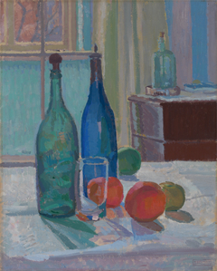 Blue and Green Bottles and Orange by Spencer Gore