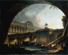 Caprice architectural : un palais inspiré du Louvre et le Pont-Neuf s'encadrant dans l'arche d'un pont by Anonymous
