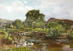 'Chagford Mill': the River Teign with Stepping Stones and Ducks