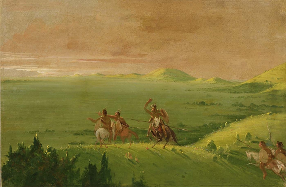 Comanche War Party, Chief Discovering the Enemy and Urging his Men at Sunrise