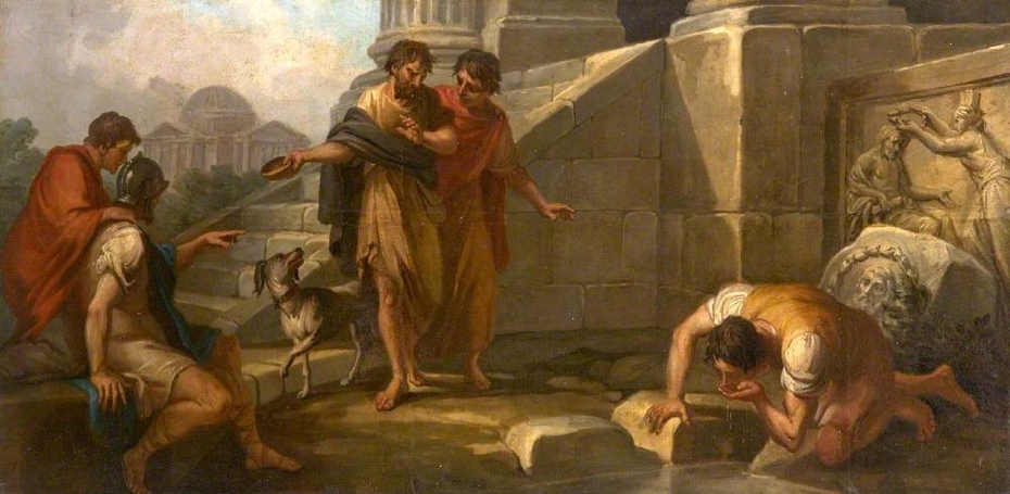 Diogenes casting away his Wooden Bowl as a Superfluity, on seeing a Youth drinking from his Hand