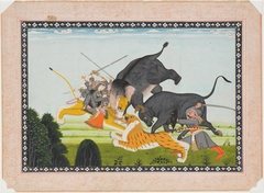 Durga Fighting an Elephant, Bull and Tiger by Anonymous