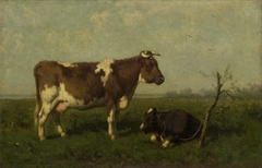 Een koe met haar kalf in een weide by Jan Vrolijk