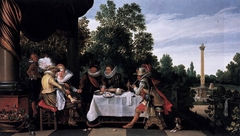 Elegant company eating, drinking, smoking and in conversation on a terrace by Esaias van de Velde