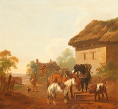 Farmyard Scene with Horses and a Goat by a Trough by attributed to Charles Towne