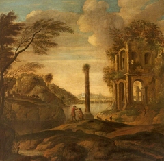 Figures conversing in a Capriccio of Ruins in an Estuary Landscape by manner of Tobias Verhaecht