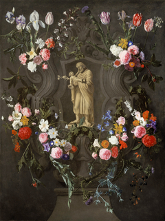 Floral decorations around a niche with St Joseph and the Christ Child by Daniel Seghers