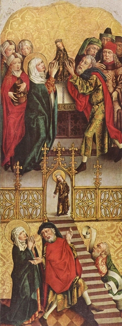 Flügel eines Altares: Tempelgang und Opferung Mariens; Rückseite: Engel der Verkündigung by Master of the Regular Canons' Altarpiece