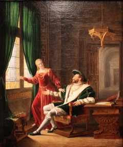 François Ier montre à Marguerite de Navarre, sa sœur, les vers qu'il vient d'écrire sur une vitre avec son diamant by Fleury François Richard by François Fleury-Richard