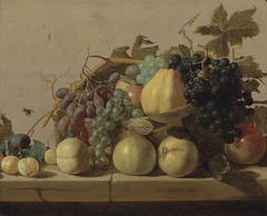 Grapes and pears in a woven basket, with pears, peaches, apricots and a plum on a stone ledge, with a fly on the stone wall by Claes van Heussen