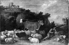 Hirt, zwei Rinder und Schafherde in einer Landschaft
