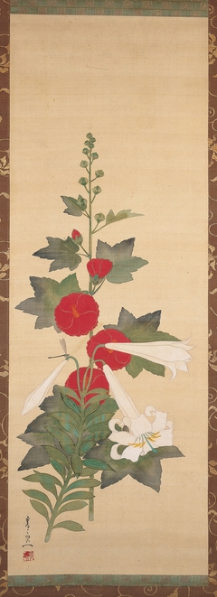 Hollyhock and Lilies by Suzuki Kiitsu
