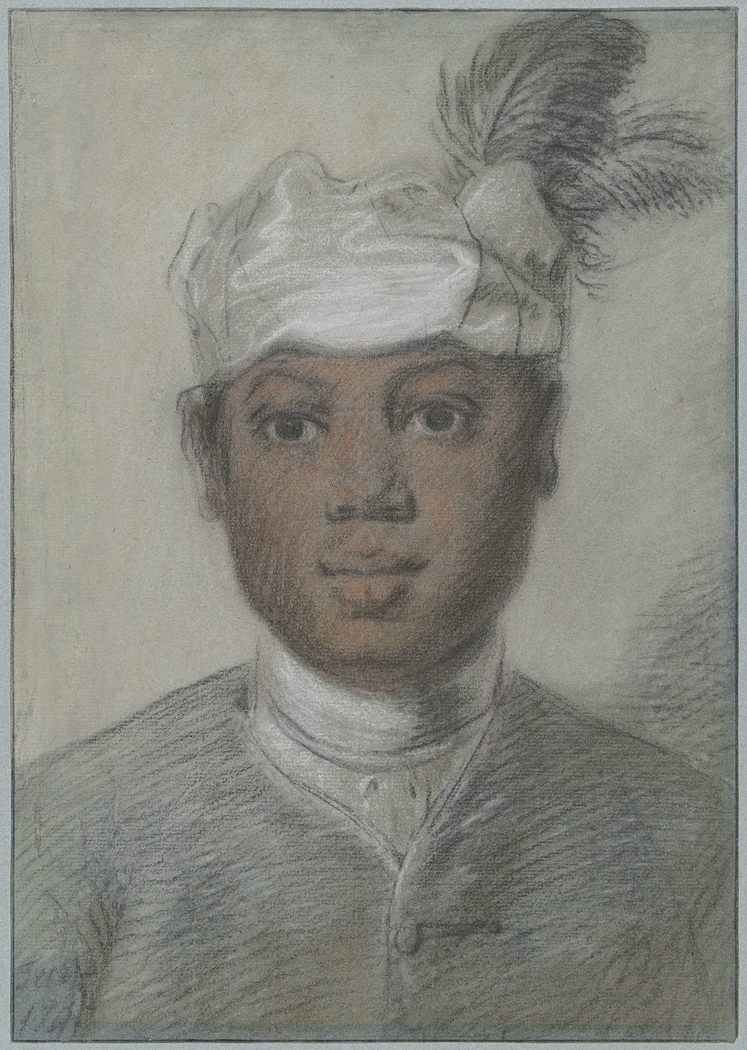 Hoofd van een zwarte jongeman met tulband met veren