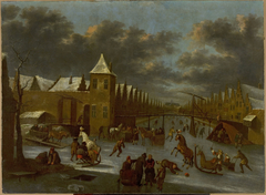 Ice skating over frozen canal by Anonymous