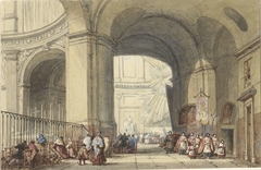 Interieur van de S. Roche te Parijs, met een processie op de voorgrond by Unknown Artist