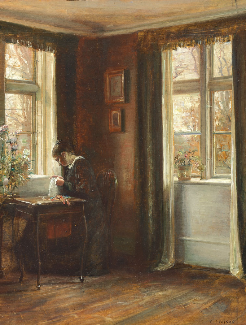 Interior. The artist's wife sewing by the window.