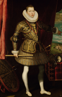 König Philipp III.(1578-1621) von Spanien, Bildnis in ganzer Figur als General der Infanterie (Im Hintergrund: Die Belagerung von Ostende 1601-1604)