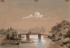 Lake Landscape, Man Angling on a Bridge