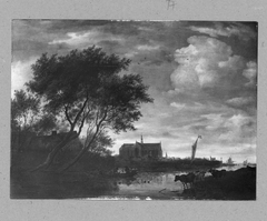 landscape (River ) with tree, church and cowes